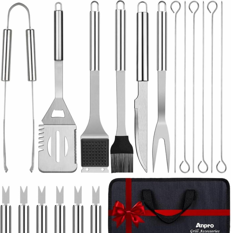 Anpro 21-Piece Premium BBQ Grill Set – Stainless Steel Grilling Utensils Kit for Smoker, Camping, Kitchen, Perfect Gift for Father’s Day (Standard Silver)