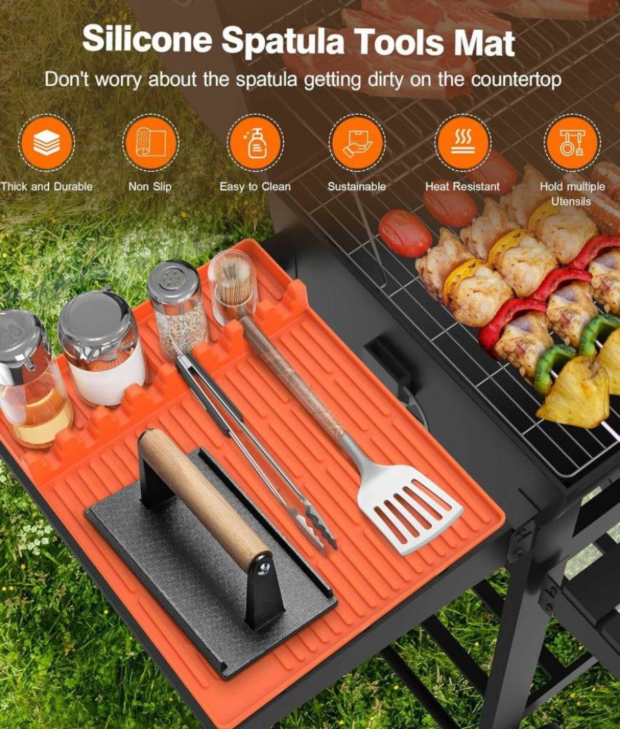Uozuke Large Silicone Griddle Mat with Drip Pad - Heat-Resistant BBQ Grill Accessories for Blackstone Griddles - Non-Slip Spatula Mat & Side Shelf Protector (Orange)