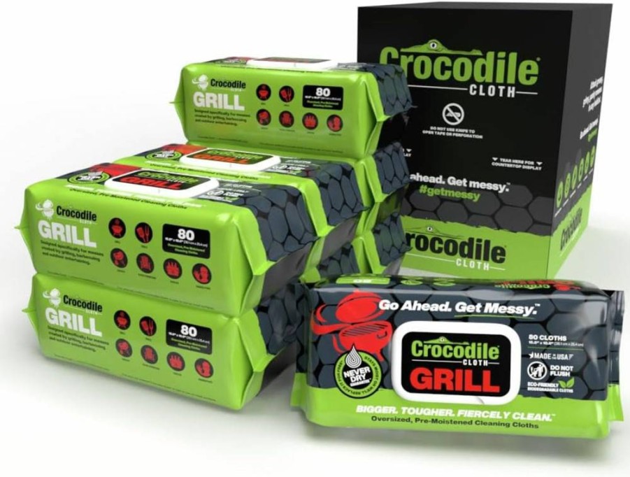 Crocodile Cloth Grill Cleaning Wipes - 15" x 10" Plant-Based, Pre-Moistened & Absorbent, Safe for Skin & Surfaces, Infused with Aloe & Vitamin E (Pack of 80)