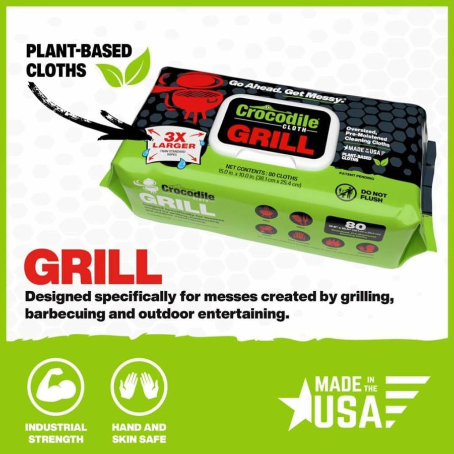 Crocodile Cloth Grill Cleaning Wipes - 15" x 10" Plant-Based, Pre-Moistened & Absorbent, Safe for Skin & Surfaces, Infused with Aloe & Vitamin E (Pack of 80)