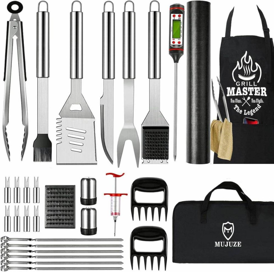 MUJUZE 31-Piece Premium Stainless Steel BBQ Grill Set with Apron - Heavy Duty Outdoor Cooking Tools for Camping, Backyard & Father's Day Gifts