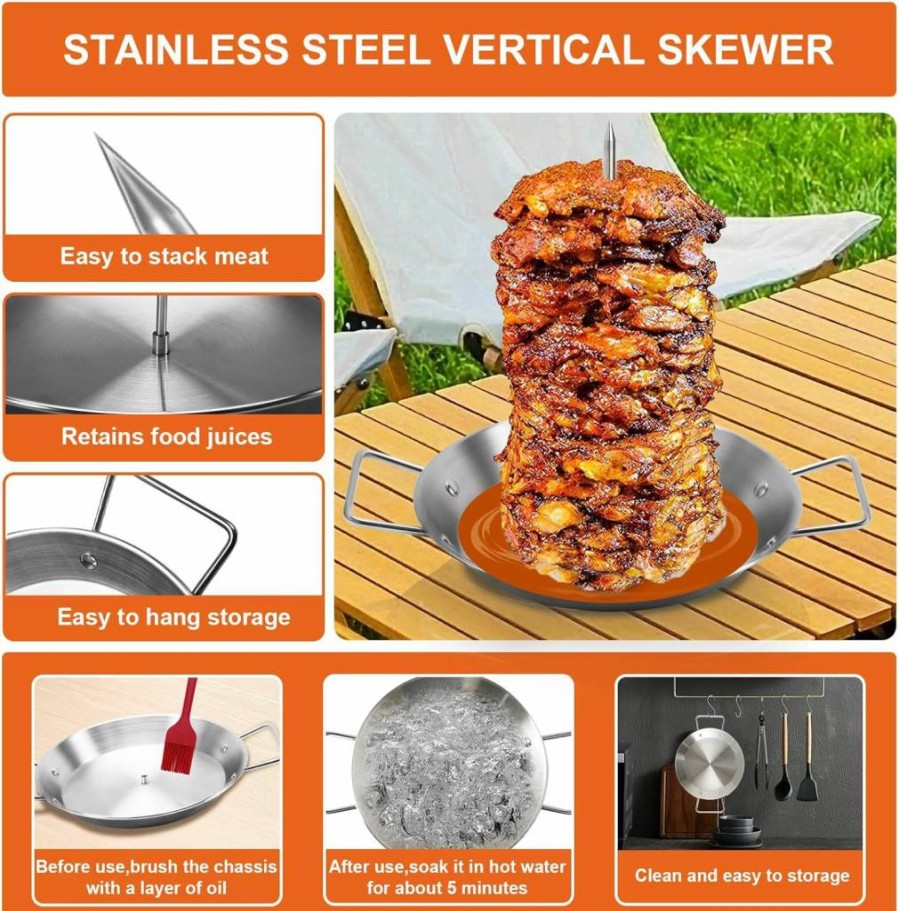 Yaokvide Stainless Steel Al Pastor Skewer for Grill - 8"/10"/12" Vertical Spit Stand with 3 Removable Spikes & Cleaning Brushes for Tacos, Shawarma, Kebabs, BBQ, Smoker Oven Cooking