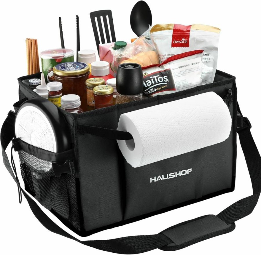 HAUSHOF Foldable BBQ Organizer with Paper Towel Holder & Condiment Pockets - Waterproof Oxford Grill Caddy for Camping, RV, Outdoor Picnics (Black)