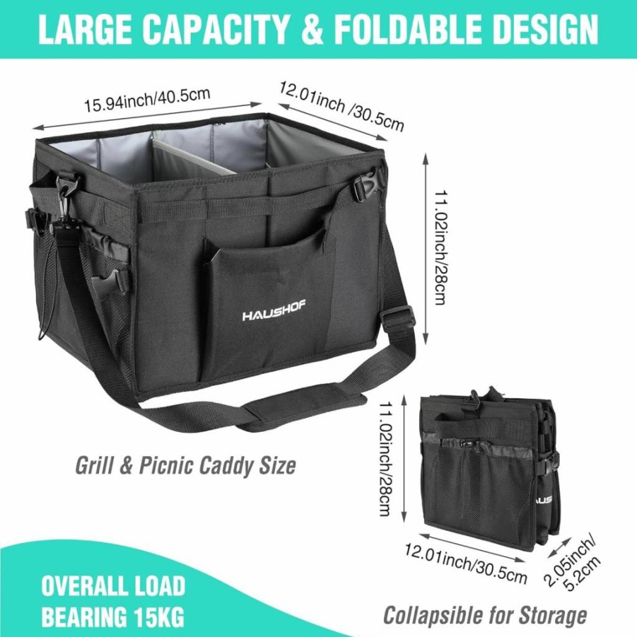 HAUSHOF Foldable BBQ Organizer with Paper Towel Holder & Condiment Pockets - Waterproof Oxford Grill Caddy for Camping, RV, Outdoor Picnics (Black)