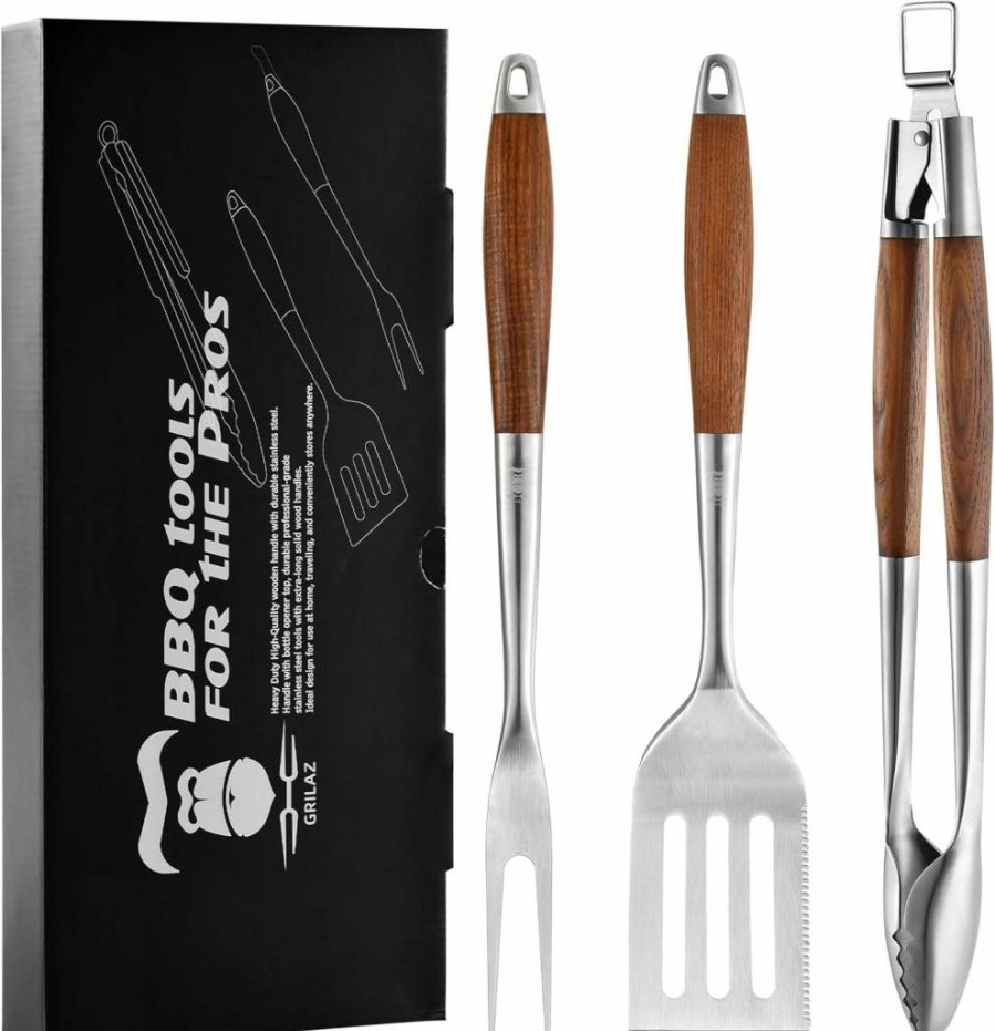 GRILAZ Premium BBQ Tool Set - Heavy-Duty Heat-Treated Ash Wood Handle, Extra-Thick Stainless Steel Spatula, Fork & Tongs for Grill Masters