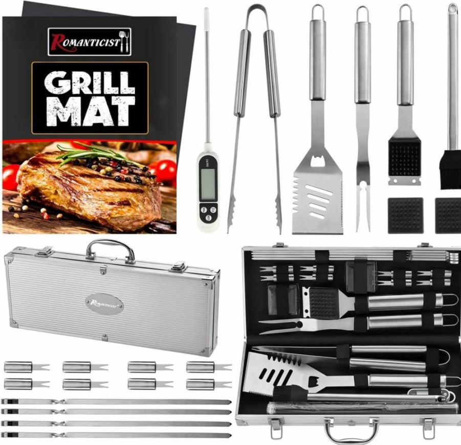 ROMANTICIST 28-Piece Stainless Steel BBQ Grill Set with Thermometer - Heavy Duty Grill Accessories Kit for Outdoor Cooking, Camping, Gifting (Birthday, Wedding) - Portable Case Included