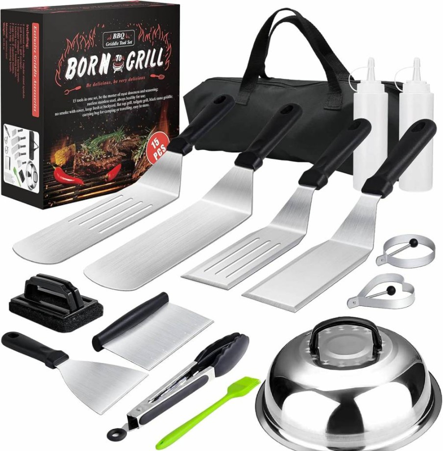 Volt4Men 15-Piece Stainless Steel BBQ Grill Accessories Kit for Blackstone & Camping - Spatula, Tongs, Egg Mold, Basting Cover & Carry Bag for Outdoor Cooking, Teppanyaki, Flat Top Griddle