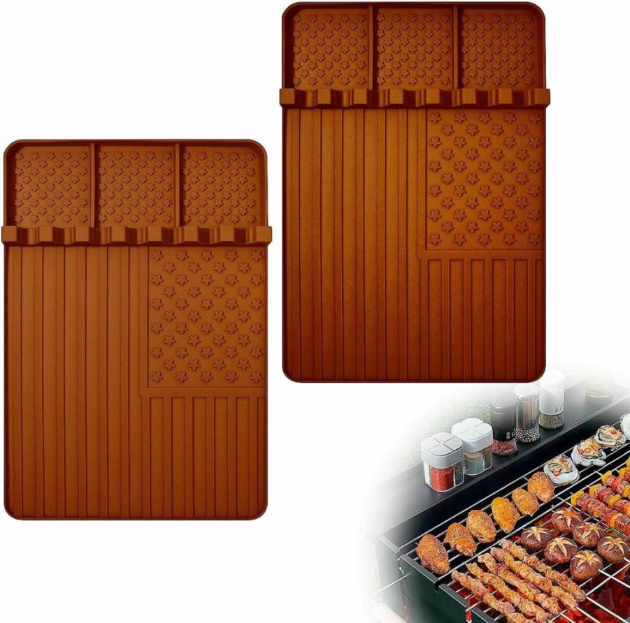 2 Pack Rodnsurw Silicone Griddle Mat for Blackstone Grill - Non-Slip BBQ Utensil Holder with Drip Tray, Heat-Resistant Countertop Cooking Accessories (Orange)