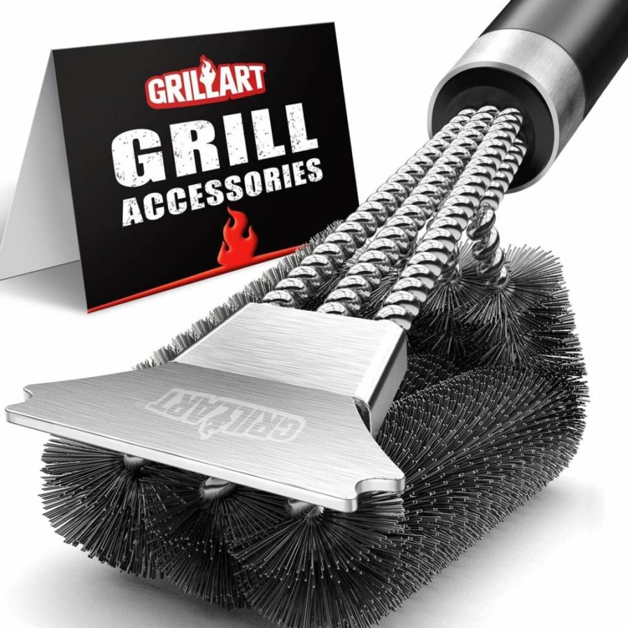 GRILLART Premium BBQ Grill Brush and Scraper - Heavy Duty Stainless Steel Bristle Grill Cleaner for Gas, Charcoal, Infrared & Porcelain Grills - BR-8529 Grill Grate Cleaning Tool with Ergonomic Handle