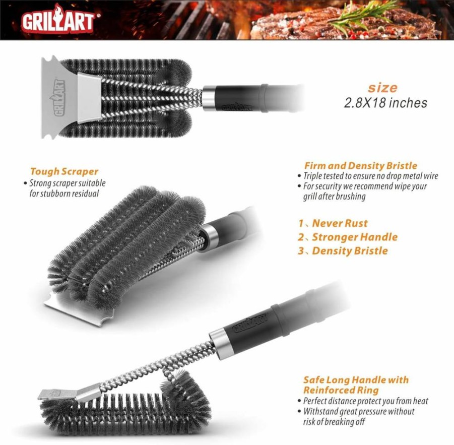 GRILLART Premium BBQ Grill Brush and Scraper - Heavy Duty Stainless Steel Bristle Grill Cleaner for Gas, Charcoal, Infrared & Porcelain Grills - BR-8529 Grill Grate Cleaning Tool with Ergonomic Handle
