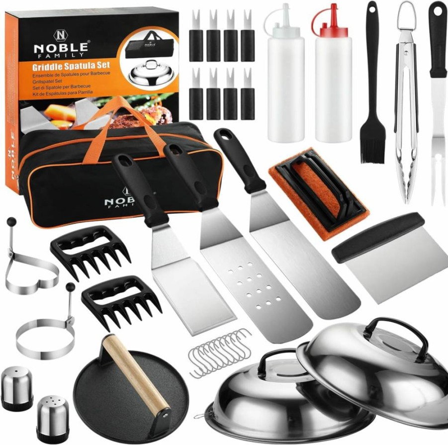 N NOBLE FAMILY 38-Piece Stainless Steel Griddle & Grill Tools Set for Outdoor BBQ – Includes Spatulas, Tongs, Burger Press, Carry Bag – Professional Barbecue Accessories Kit, Ideal Grilling Gift