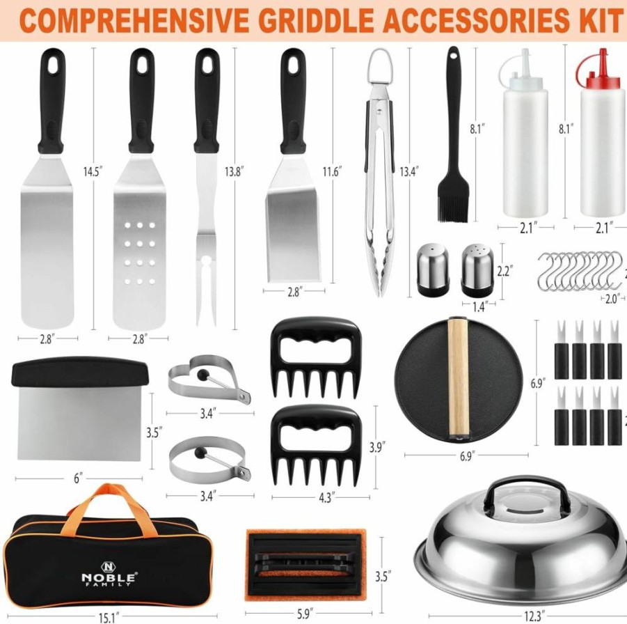 N NOBLE FAMILY 38-Piece Stainless Steel Griddle & Grill Tools Set for Outdoor BBQ – Includes Spatulas, Tongs, Burger Press, Carry Bag – Professional Barbecue Accessories Kit, Ideal Grilling Gift