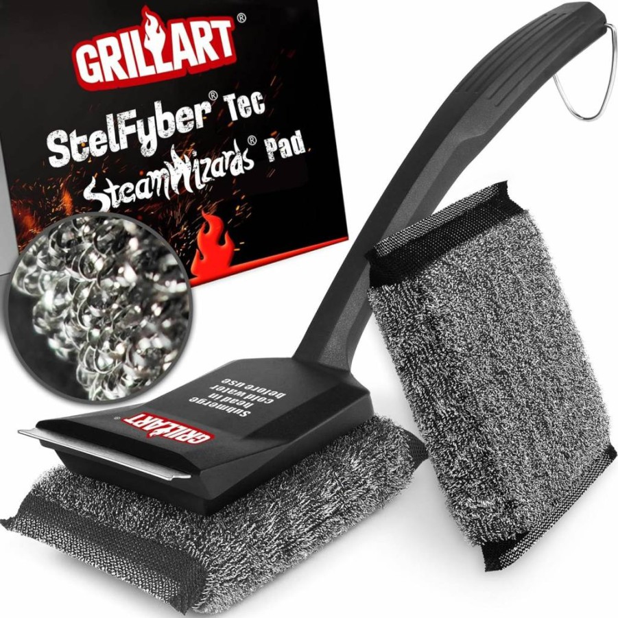 GRILLART Bristle-Free BBQ Grill Brush with Replaceable Head – Safe Outdoor Grill Cleaner for All Grates & Flat Top Griddles, Dishwasher Safe Steamwizards Series