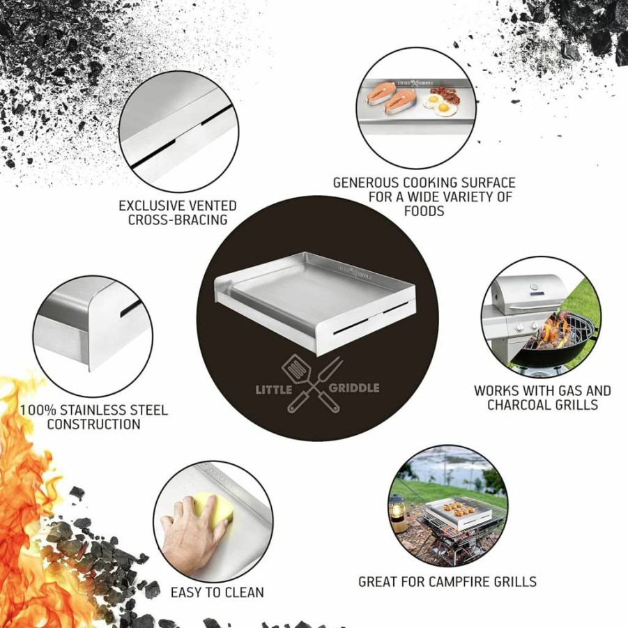 LITTLE GRIDDLE Sq180 Universal Stainless Steel Grill Griddle - 18"x13"x3" for Charcoal, Gas Grills, Camping, Tailgating & Outdoor Cooking