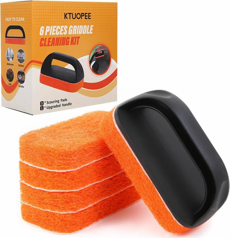 KTUOPEE 6-Piece Non-Scratch Griddle Cleaning Kit for Blackstone & Flat Top Grills - Heavy-Duty Scouring Pads with Handle, Grill Scrubber for Kitchen