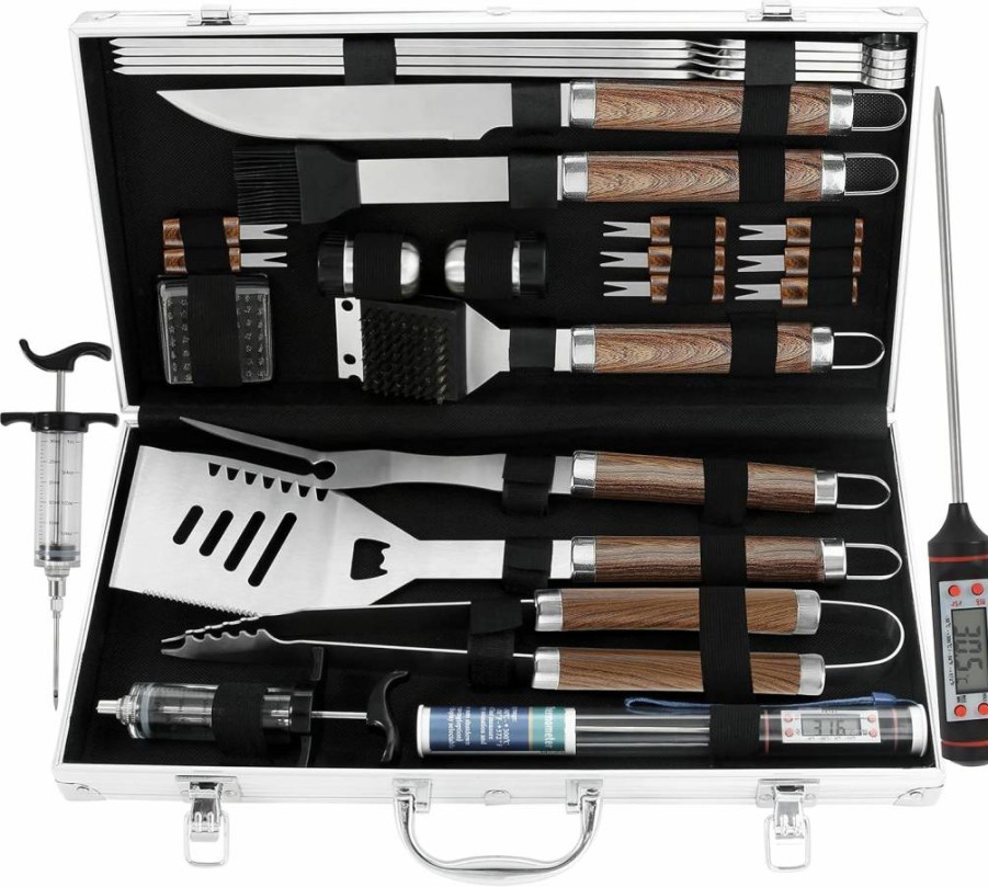 Grilljoy 24-Piece BBQ Grill Tools Set with Meat Thermometer, Injector, Stainless Steel Fork, Spatula, Tongs & Aluminum Case – Premium Grill Accessories Gift for Men