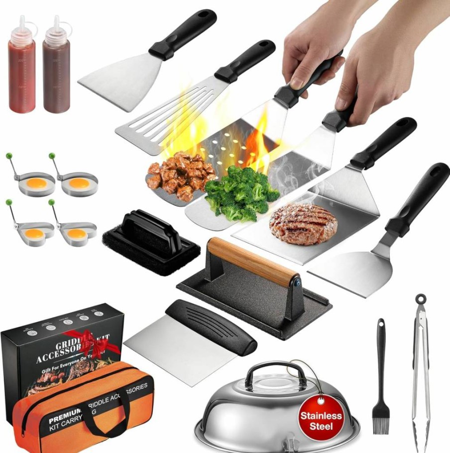 DRASTE Stainless Steel Blackstone Griddle Accessories Kit - 10-Piece Outdoor Grill Tools Set with Spatula, Smash Burger Press, Scraper, Basting Cover & Tong for Flat Top Grilling
