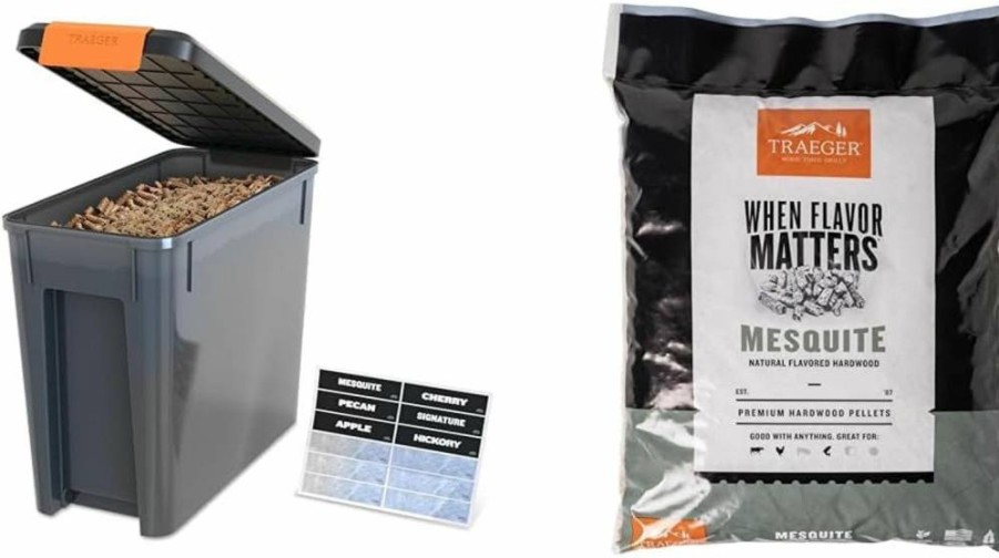 Traeger 22Lb Airtight Pellet Storage Bin - Locking Lid, Stackable Design, Includes Flavor Stickers for Grill Pellets