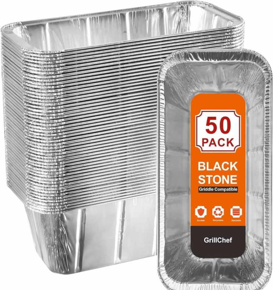 GrillChef 50-Pack Disposable Grease Cup Liners & Drip Pan Foil Trays for Blackstone Griddles 17-36 Inch, Aluminum Grease Catcher Accessories