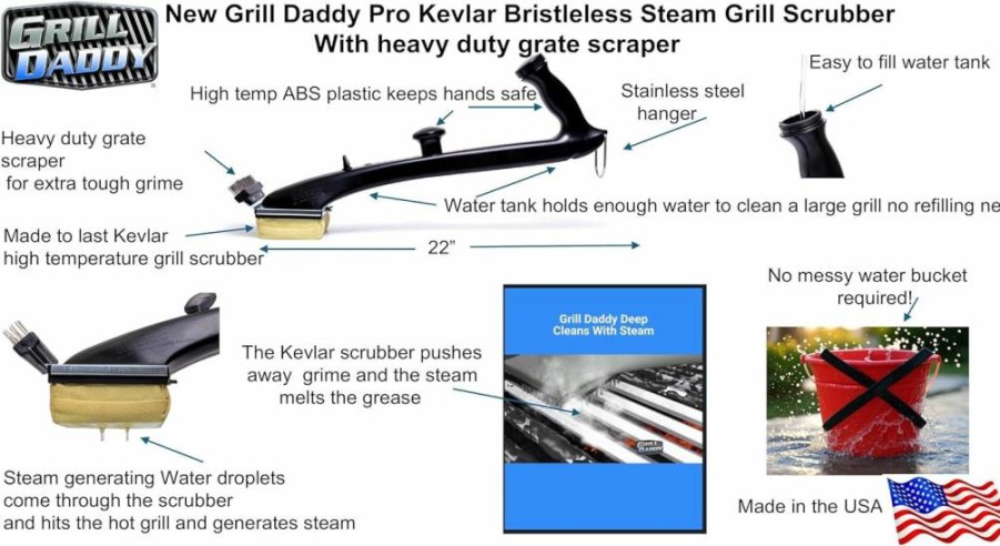 GRILL DADDY Pro Bristleless Grill Scrubber – Steam Cleaning Kevlar Grill Brush