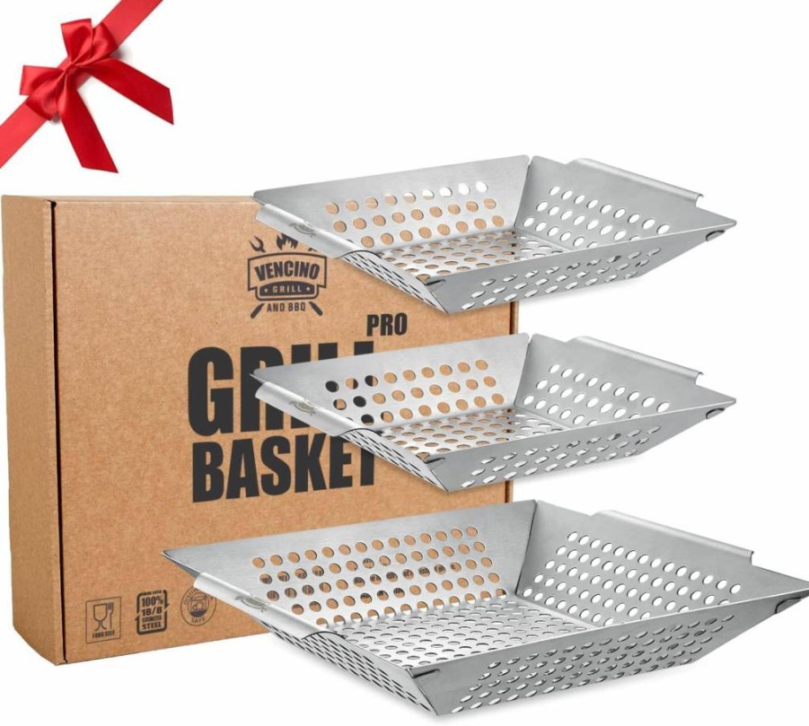 Vencino 3-Pack Heavy Duty Stainless Steel Grill Baskets for Vegetables - Universal Outdoor Grilling Accessories for All Grills & Smokers - Perfect BBQ Gift for Men