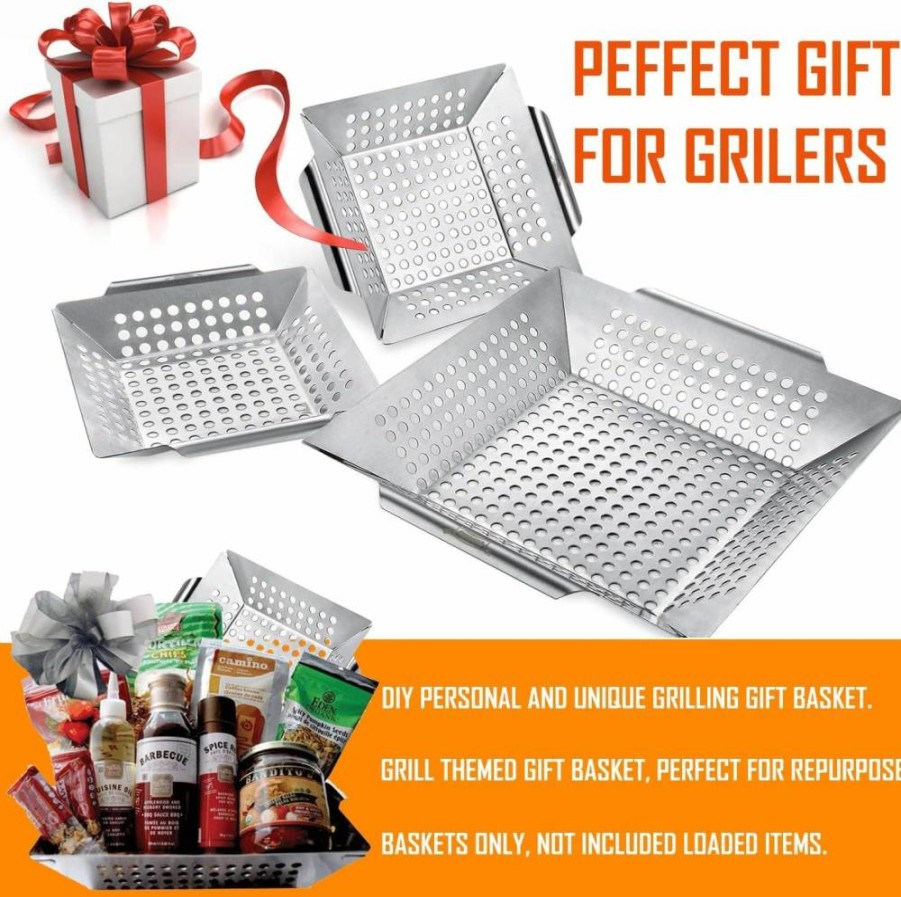 Vencino 3-Pack Heavy Duty Stainless Steel Grill Baskets for Vegetables - Universal Outdoor Grilling Accessories for All Grills & Smokers - Perfect BBQ Gift for Men