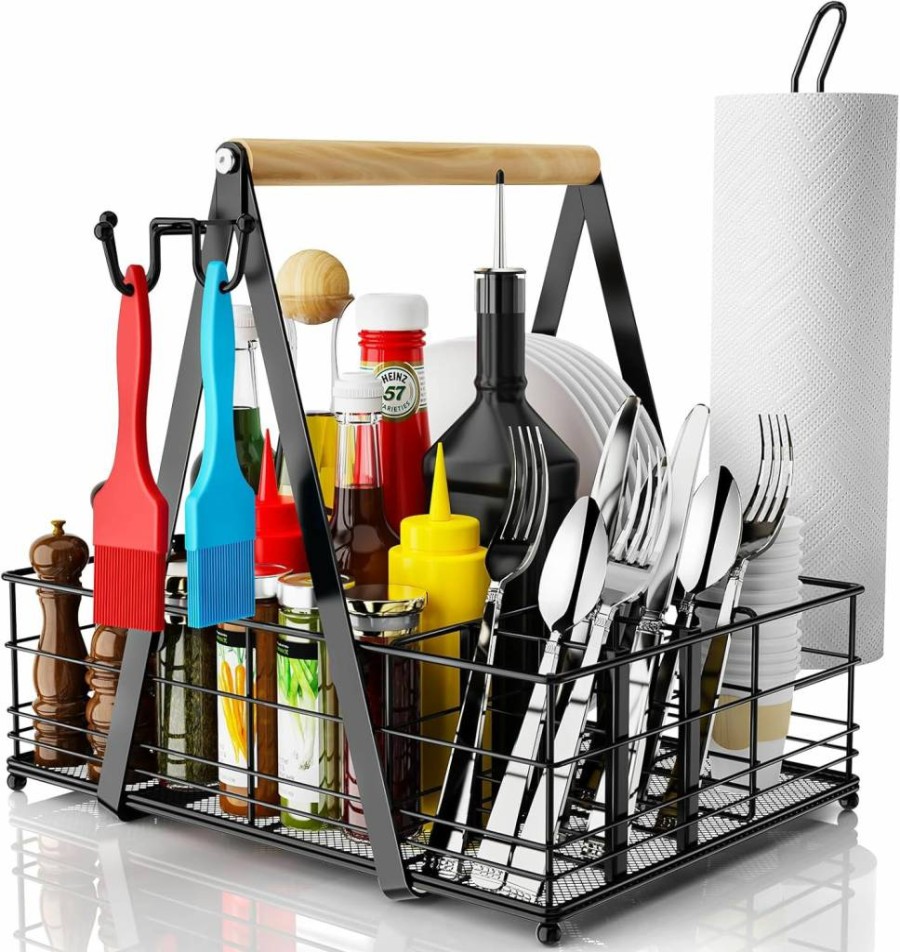 JBBTOOL Grill Caddy - BBQ Organizer with 2 Paper Towel Holders, Portable Outdoor Camping Kitchen Utensil Caddy for RV, Patio, Picnic - Ideal Grilling Accessories Gift for Men