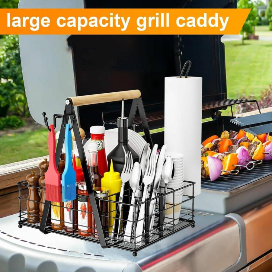 JBBTOOL Grill Caddy - BBQ Organizer with 2 Paper Towel Holders, Portable Outdoor Camping Kitchen Utensil Caddy for RV, Patio, Picnic - Ideal Grilling Accessories Gift for Men