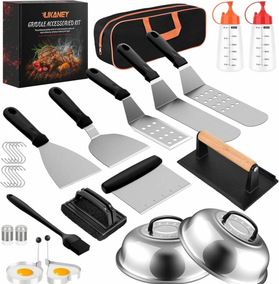 Likaney 28-Piece Griddle Accessories Kit for Blackstone & Camp Chef - BBQ Tool Set with 2 Basting Covers, Heavy-Duty Spatulas, and Griddle Press for Outdoor Cooking