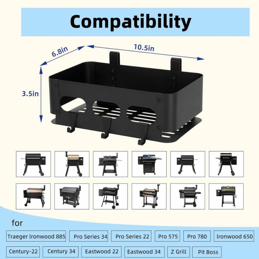 Casmer Grill Storage Bin with 3 Hooks - Universal Side Basket for Traeger Ironwood, Pro Series, Pit Boss, Z-Grills & More - Durable Traeger Grill Accessories Organizer