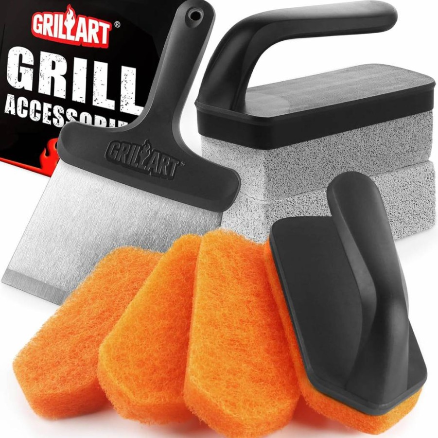 Grillart Griddle Cleaning Kit for Blackstone – Grill Scraper, Scouring Pad, Grill Stone & Handle – Rust Removal for Flat Top Grills – Orange Multifunctional Grill Accessories