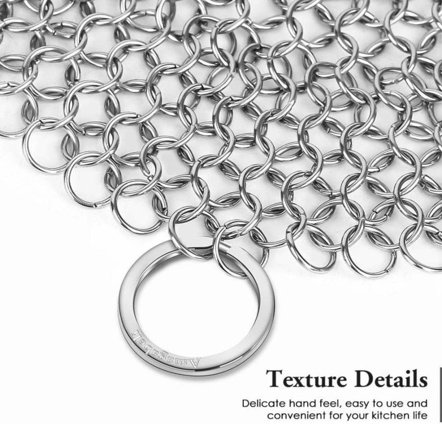 AMAGABELI 316L Stainless Steel Chainmail Scrubber for Cast Iron Pans, Pots, Woks & Grills – 8x6 Inch Rust-Free Cast Iron Cleaner