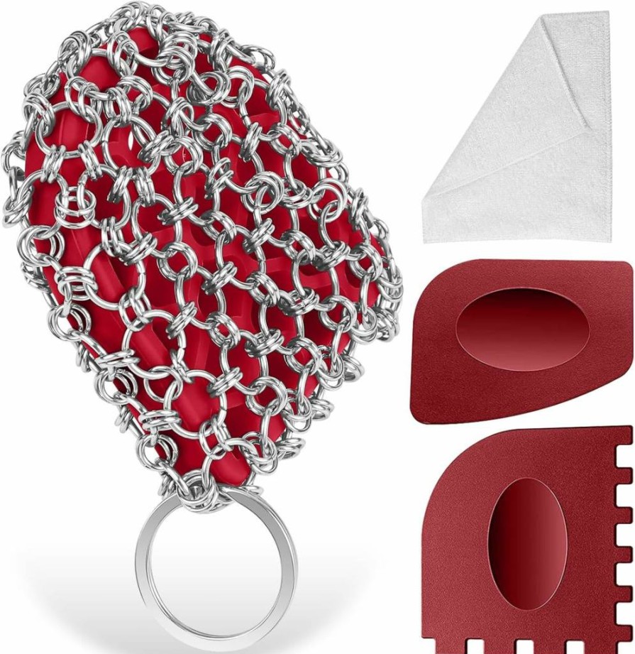 Herda 4-Piece Cast Iron Cleaning Kit: 316 Stainless Steel Chain Mail Scrubber, Pan Scraper & Skillet Brush for Grill, Griddle, Pot & Dish Care
