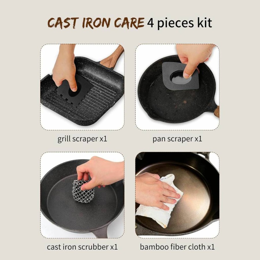Herda 4-Piece Cast Iron Cleaning Kit: 316 Stainless Steel Chain Mail Scrubber, Pan Scraper & Skillet Brush for Grill, Griddle, Pot & Dish Care
