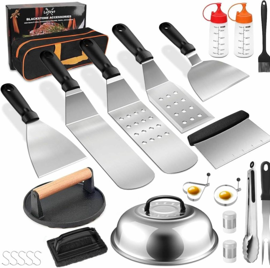 Latiret 24-Piece Griddle Accessories Kit for Blackstone & Camp Chef - Stainless Steel Spatulas, Scraper, Basting Cover - Perfect for Outdoor Cooking & White Elephant Gifts