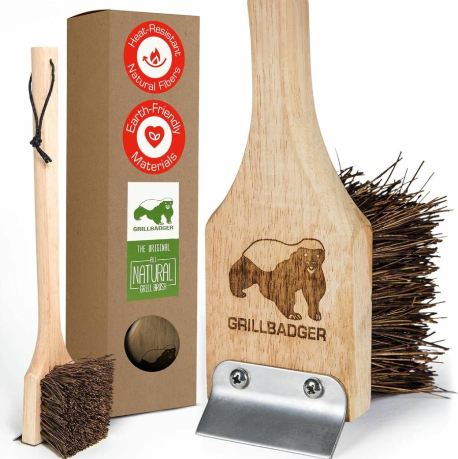 GrillBadger Non-Metal Grill Brush with Wooden Handle - Durable BBQ Cleaning Tool for Cast Iron Grates, Bristle-Free & High Temp Safe Scrubber for Outdoor Grills