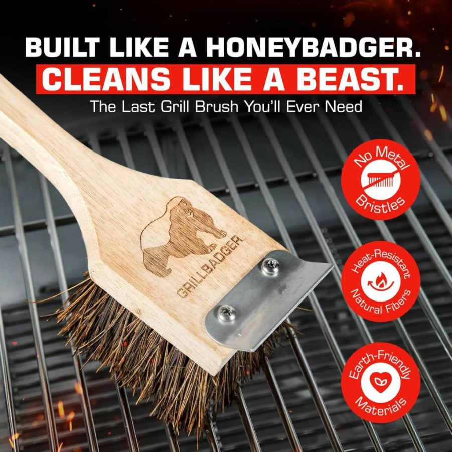 GrillBadger Non-Metal Grill Brush with Wooden Handle - Durable BBQ Cleaning Tool for Cast Iron Grates, Bristle-Free & High Temp Safe Scrubber for Outdoor Grills