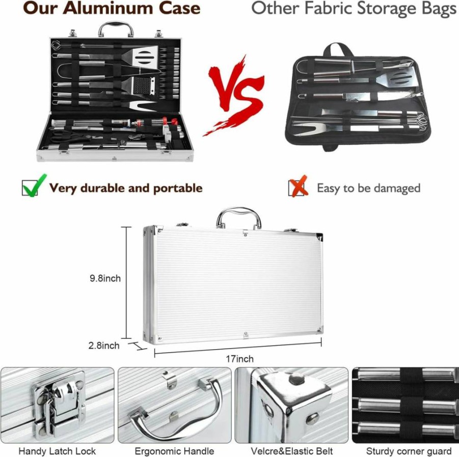 Birald 34Pcs Premium BBQ Grill Set with Aluminum Case – Includes Spatula, Tongs & Skewers – Ideal Grilling Gifts for Men, Dad, Wedding & Birthday – Outdoor Smoker Accessories