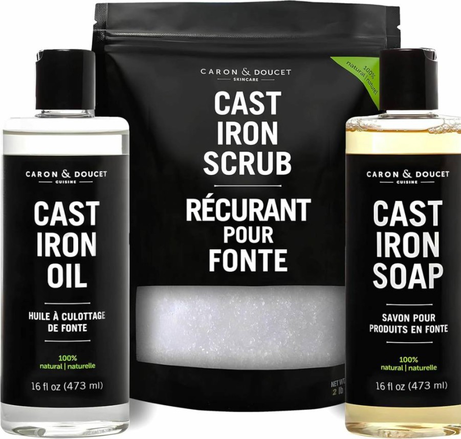 CARON & DOUCET Cast Iron Care Kit: Plant-Based Seasoning Oil, Cleaning Soap & Restoring Scrub for Skillets, Pans & Grills