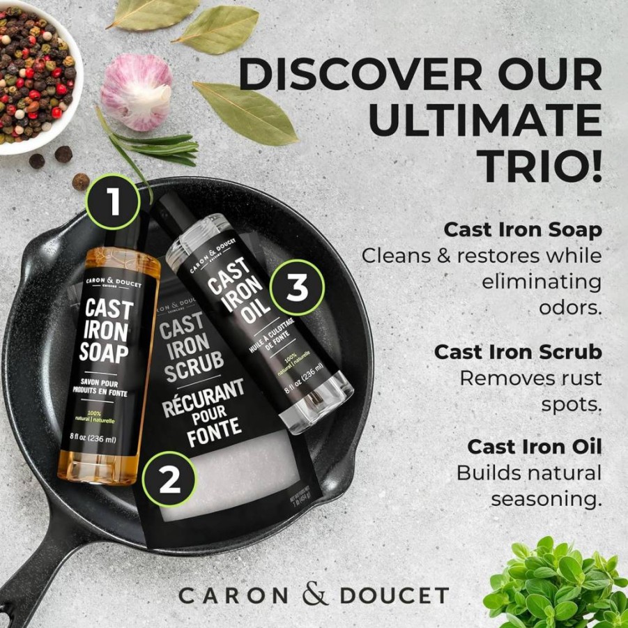 CARON & DOUCET Cast Iron Care Kit: Plant-Based Seasoning Oil, Cleaning Soap & Restoring Scrub for Skillets, Pans & Grills