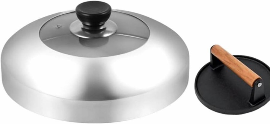 JNXHON Heavy Duty Cast Iron Grill Press - 5.7" Round Bacon Burger Meat Smasher with Wooden Heat-Resistant Handle for BBQ, Griddle & Stovetop Cooking