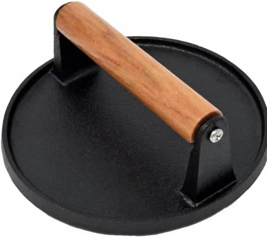 JNXHON Heavy Duty Cast Iron Grill Press - 5.7" Round Bacon Burger Meat Smasher with Wooden Heat-Resistant Handle for BBQ, Griddle & Stovetop Cooking