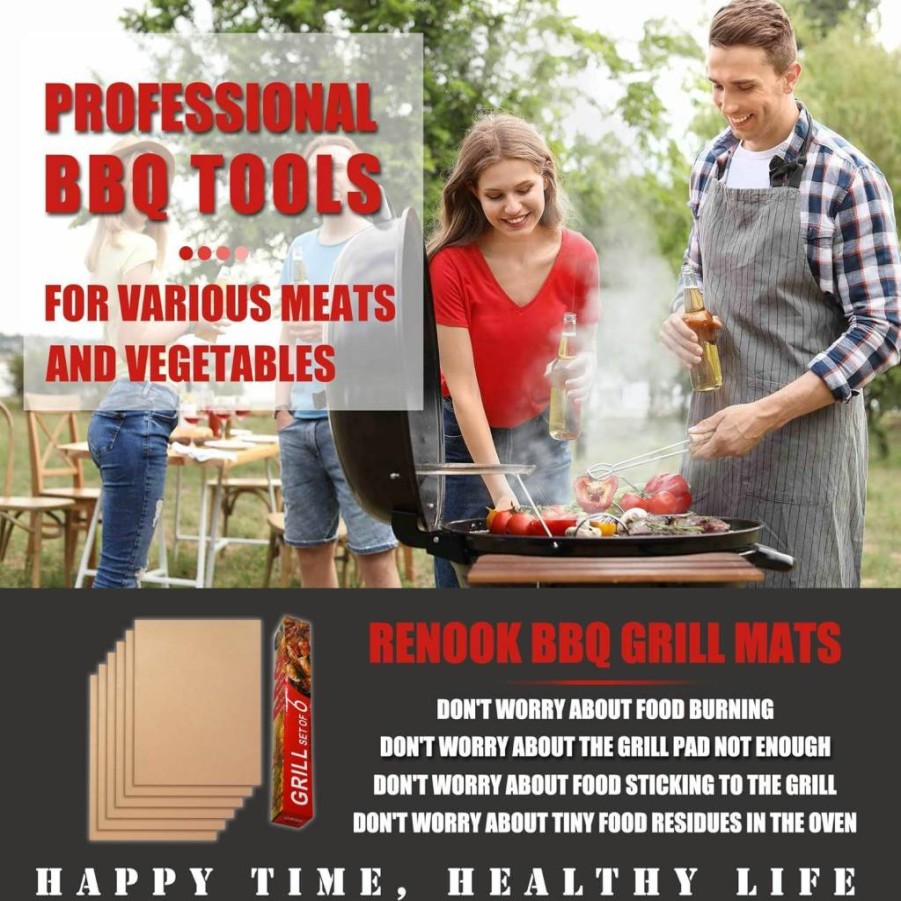 Renook Non-Stick Grill Mat Set of 6 - 15.75 x 13 Inch Reusable Cooking Mats for Gas, Charcoal & Electric Grills - Easy Clean BBQ Accessories
