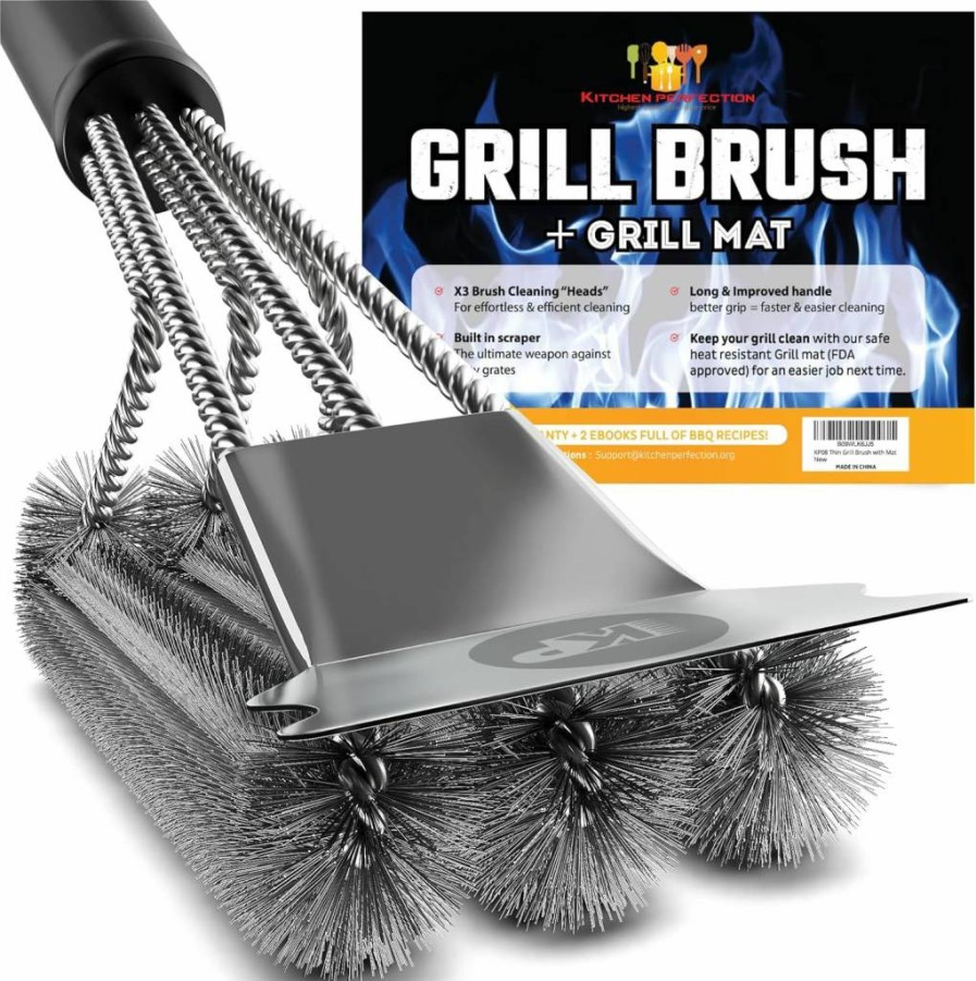 Kitchen Perfection BBQ Grill Brush with Scraper & Mat - Extended Handle Grill Cleaning Kit for Effortless Outdoor Grill Maintenance