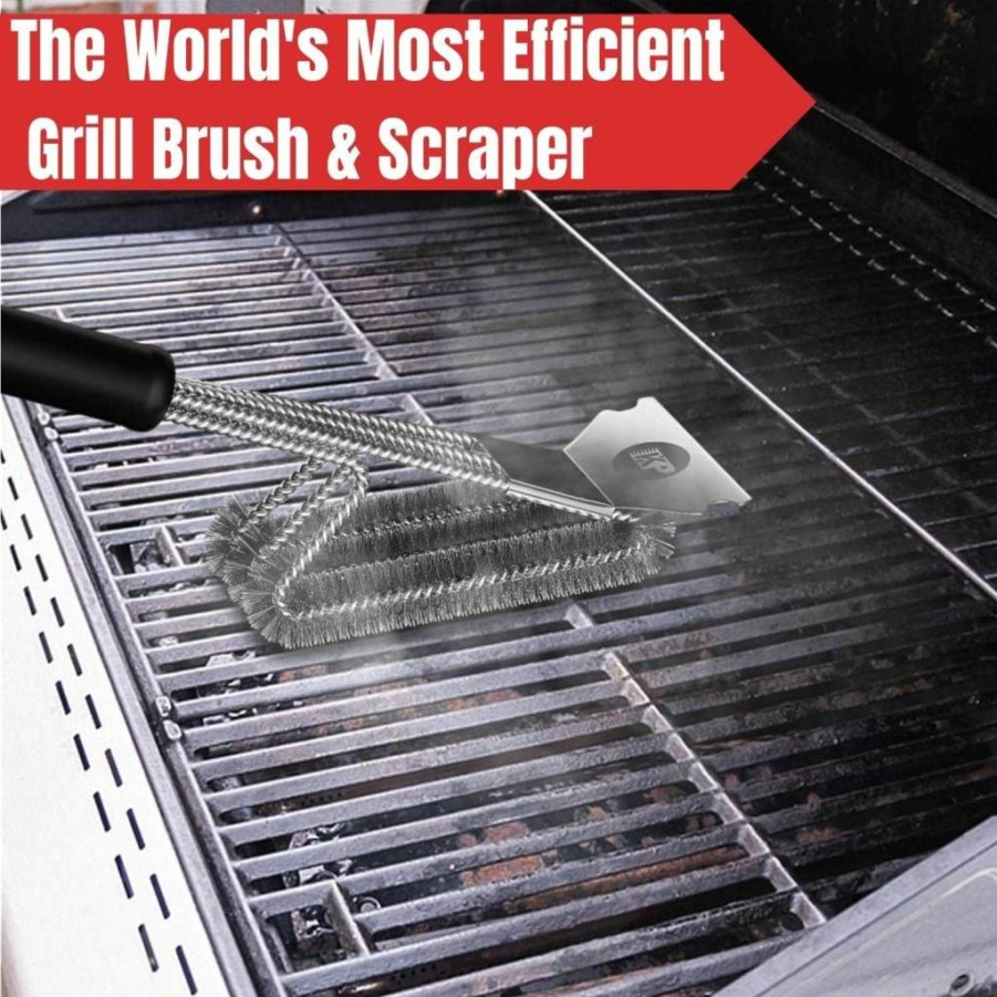 Kitchen Perfection BBQ Grill Brush with Scraper & Mat - Extended Handle Grill Cleaning Kit for Effortless Outdoor Grill Maintenance