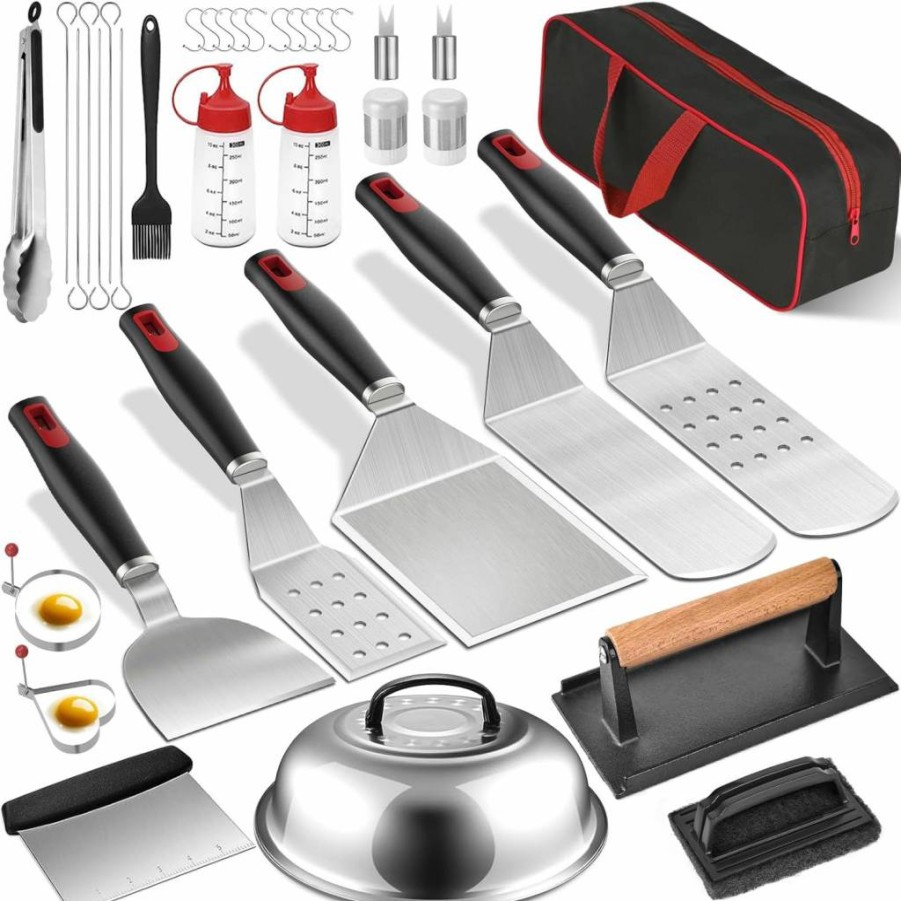 Stofiro 36Pcs Flat Top Grill Accessories Kit for Blackstone - Heavy Duty Spatulas, Burger Press, Basting Cover, Scraper for BBQ, Teppanyaki, Outdoor Cooking (Red)