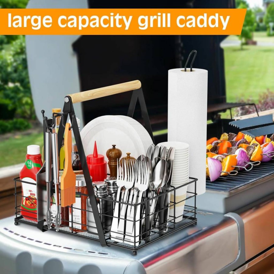 GUIBUKEYAN Grill Caddy with Plate Holder, Paper Towel Rack & Condiment Organizer for Outdoor BBQ, Camping, RV - Essential Picnic Cooking Accessories & Grilling Gifts for Men