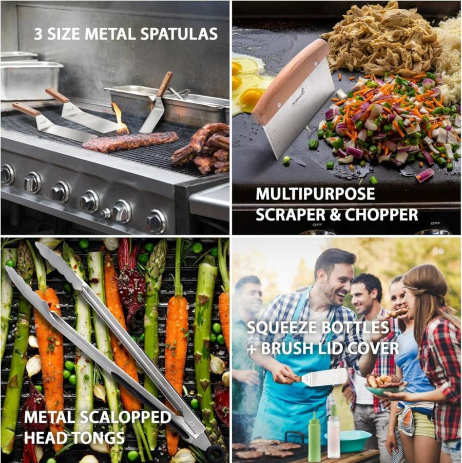 Anmarko Stainless Steel Spatula Set - 3-Piece BBQ Grill & Griddle Utensils for Pancakes, Burgers, Teppanyaki - Heavy Duty Metal Turner, Scraper, Flipper for Cast Iron Flat Top Cooking