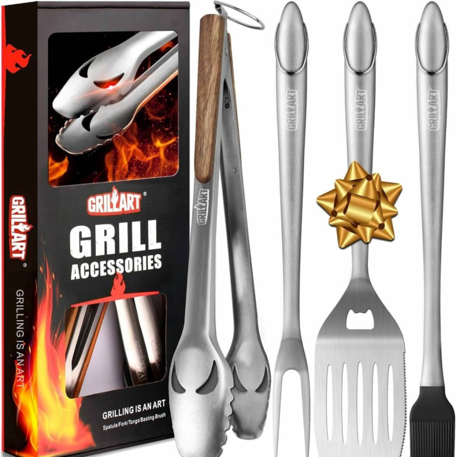 GRILLART 18-Inch BBQ Grill Tools Set - Stainless Steel Grilling Accessories Kit with Tongs, Spatula, Fork & Brush - Perfect Gift for Men & Dad