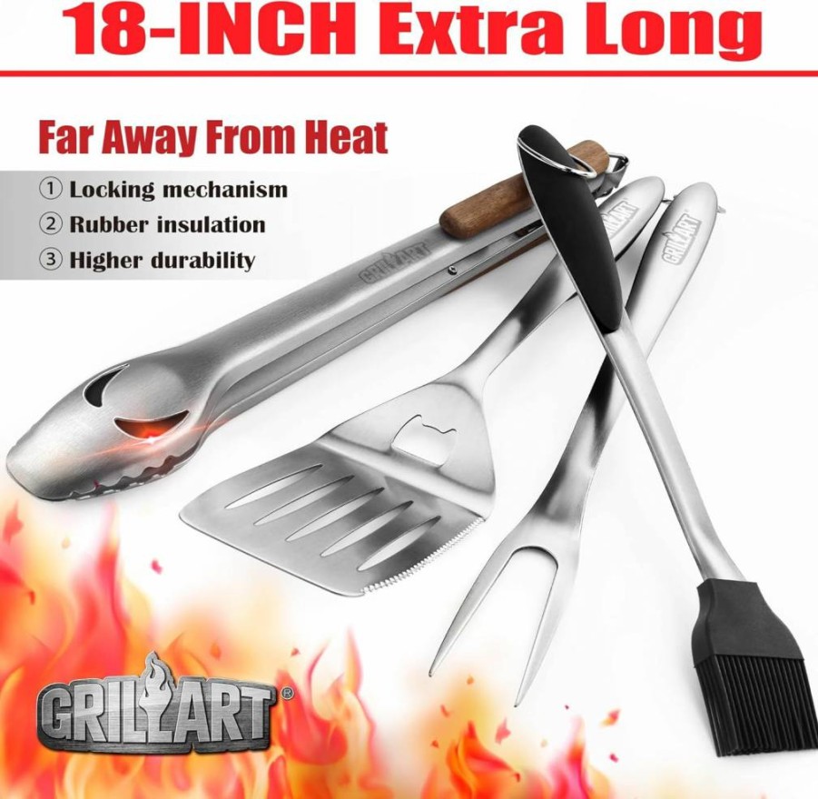 GRILLART 18-Inch BBQ Grill Tools Set - Stainless Steel Grilling Accessories Kit with Tongs, Spatula, Fork & Brush - Perfect Gift for Men & Dad